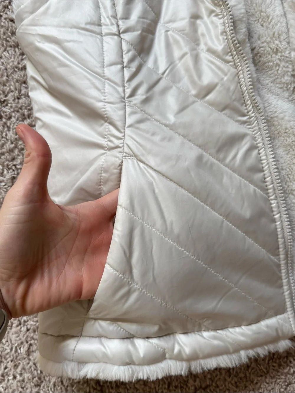 Reversible Plush Faux Fur and Quilted Vest Zip Up Cream White Cozy Warm Layering